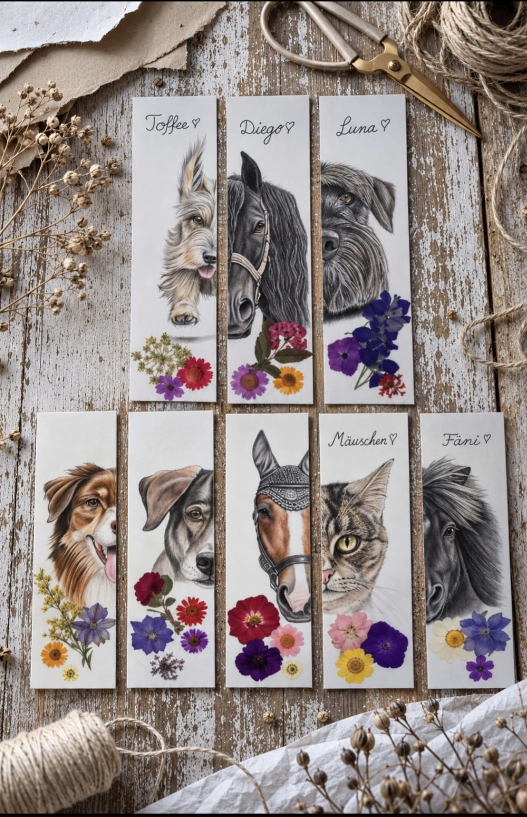 Alle acht abgebildeten Lesezeichen mit Tierportraits und Blüten